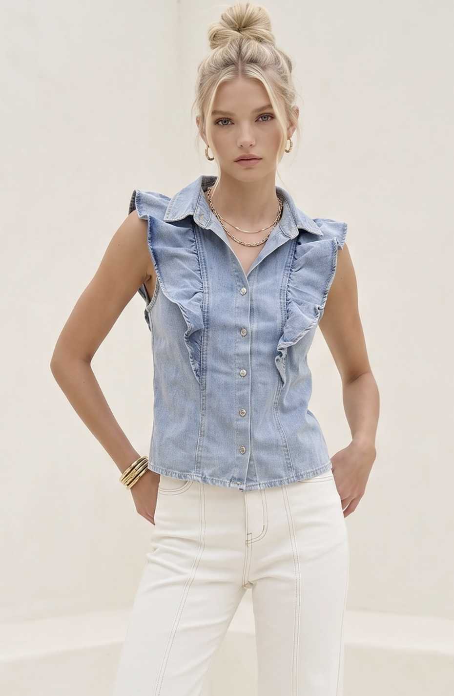 Ruffled Sleeveless Denim Top