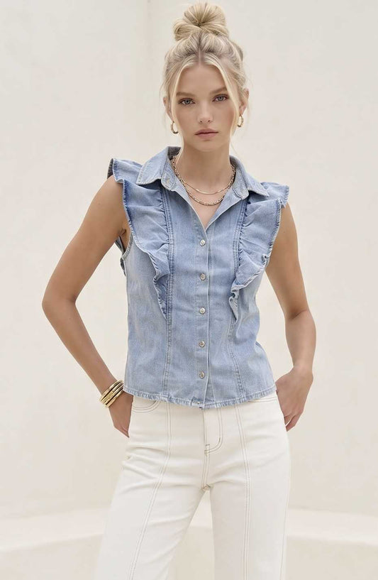 Ruffled Sleeveless Denim Top