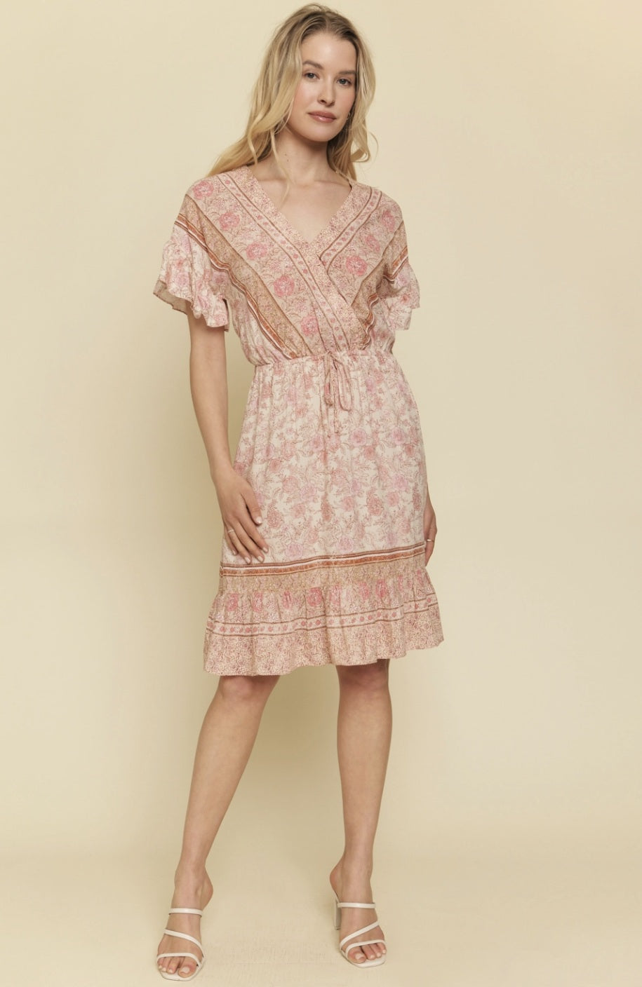 Ruffled Sleeve and Hem Detail Border Print Dress