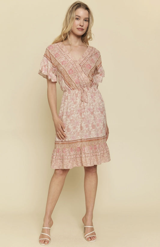 Ruffled Sleeve and Hem Detail Border Print Dress
