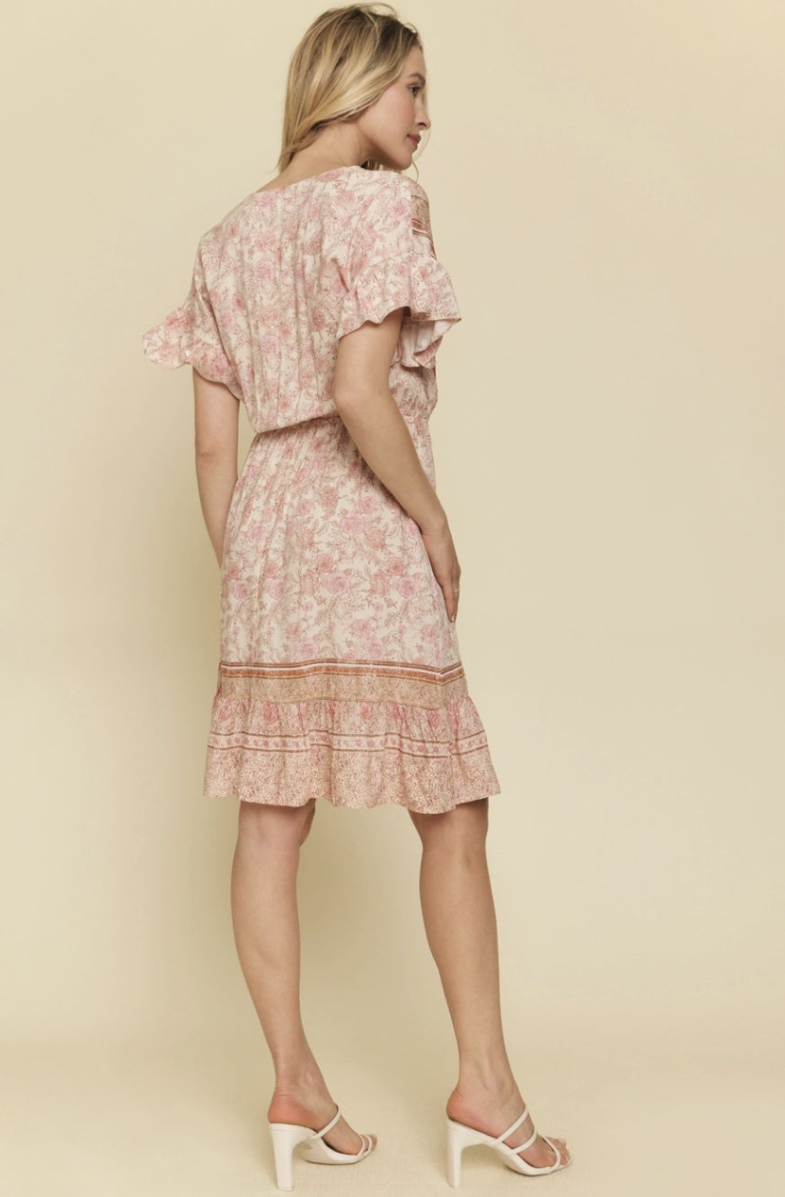 Ruffled Sleeve and Hem Detail Border Print Dress