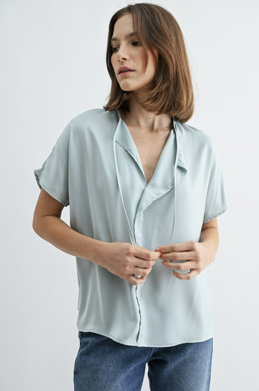 Satin Split Neck W/ Tie Blouse