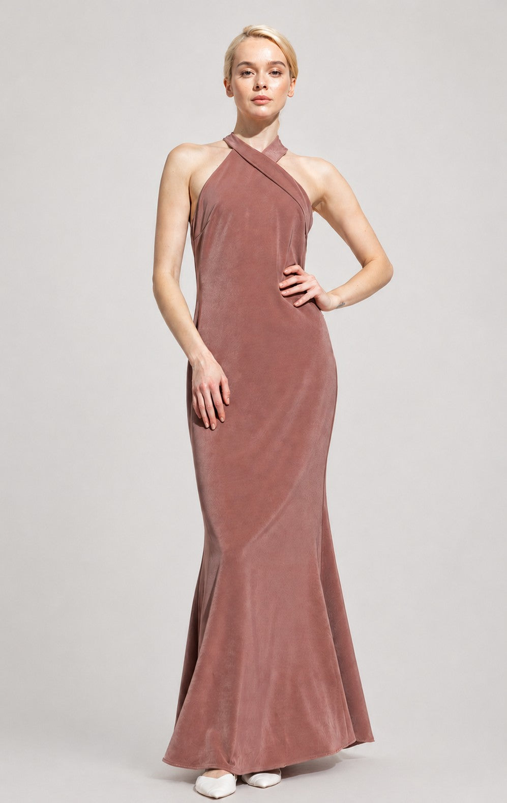 Satin Halter Neck Tie Full Length Dress
