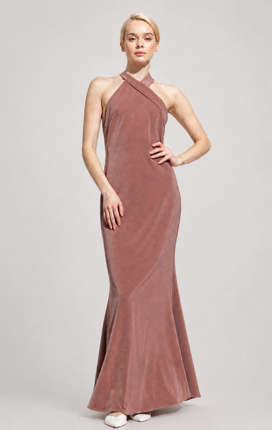 Satin Halter Neck Tie Full Length Dress