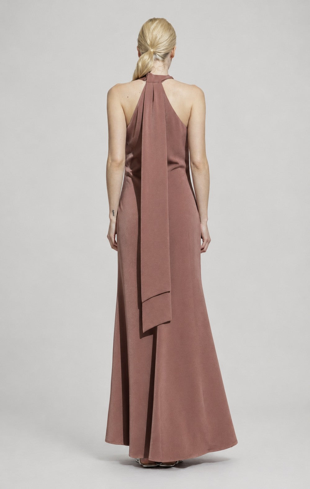 Satin Halter Neck Tie Full Length Dress