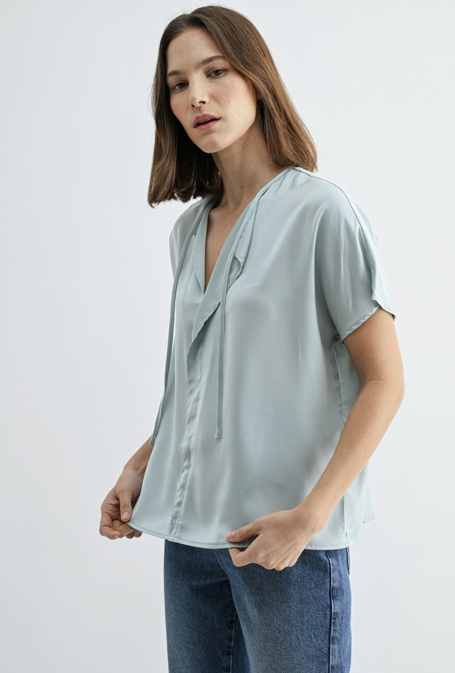 Satin Split Neck W/ Tie Blouse