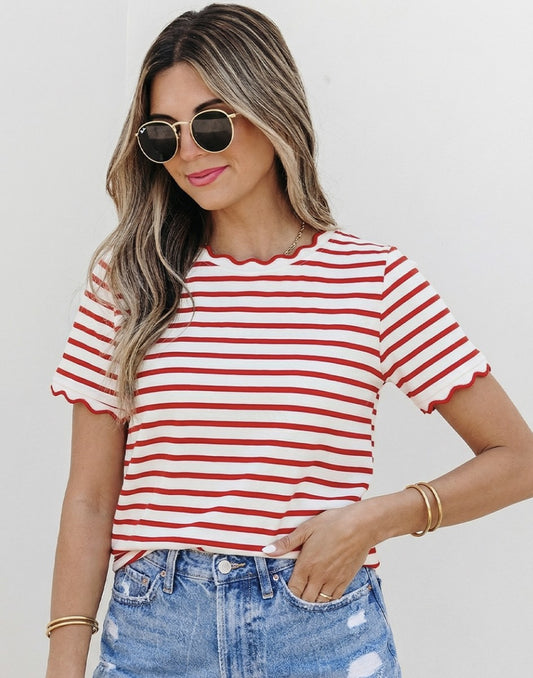 Scalloped Trim Stripe Round Neck Shirt