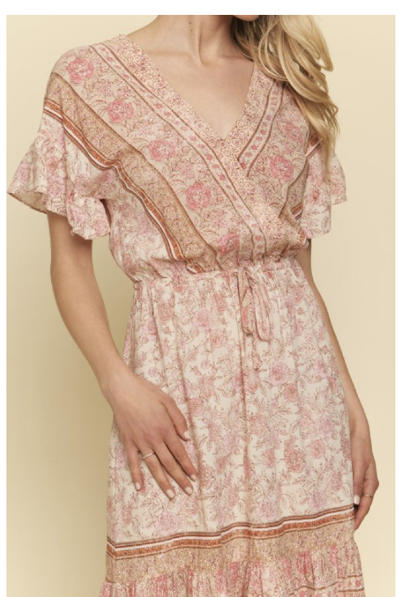 Ruffled Sleeve and Hem Detail Border Print Dress