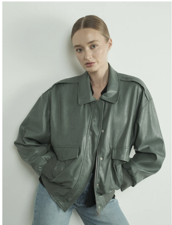 Olive Faux Leather Oversized Bomber
