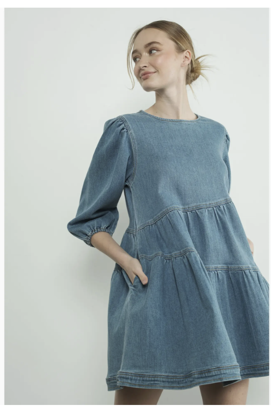 Denim 3/4 Sleeve Tier Dress