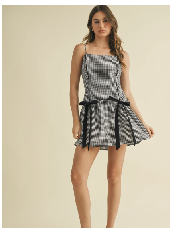 Gingham Curved Low Waist Mini Dress with Bows