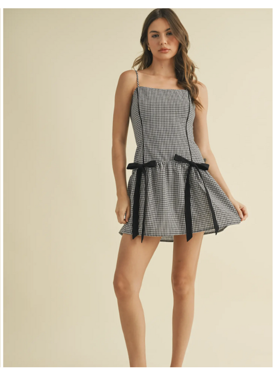 Gingham Curved Low Waist Mini Dress with Bows