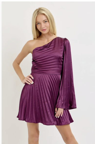 Plum Pleated Satin Dress