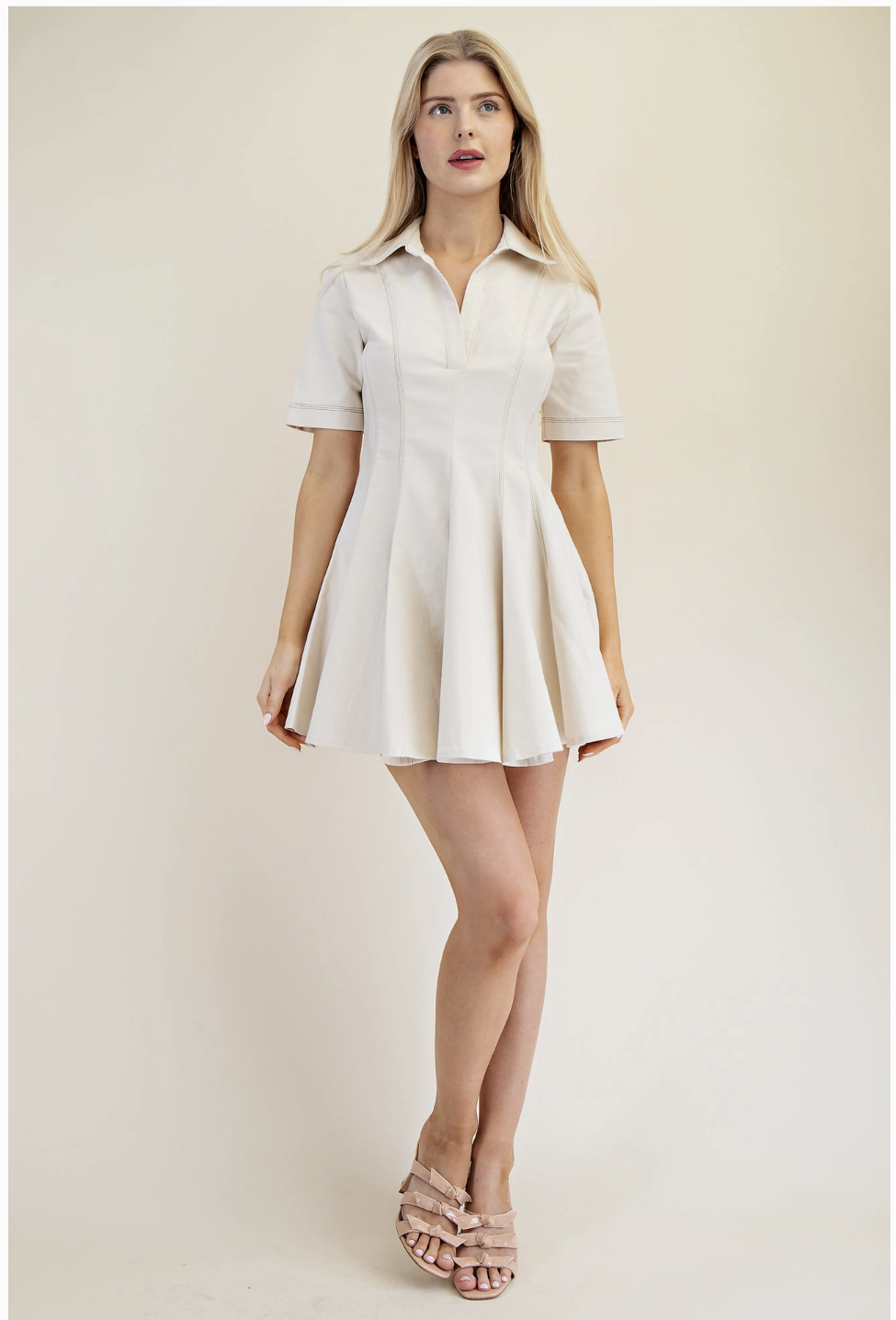 White Polo Collar Topstitch Dress