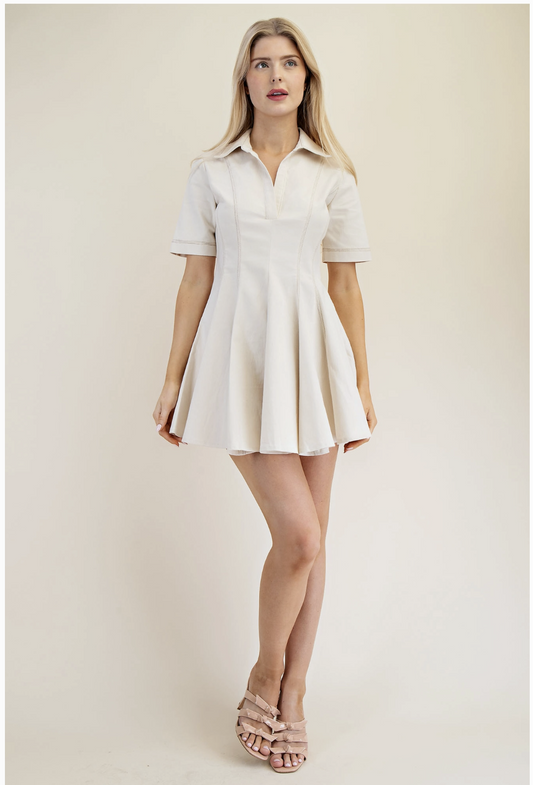 White Polo Collar Topstitch Dress