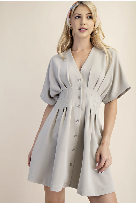 Beige V Neck Pleated Mini Dress