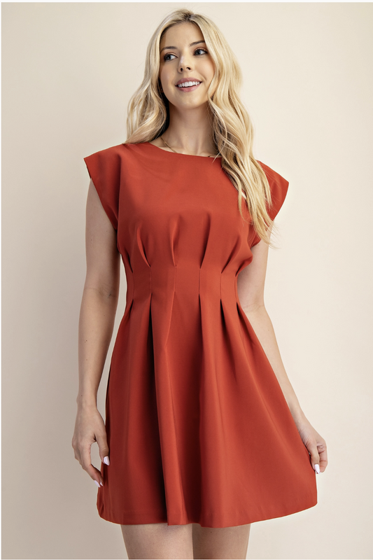 Round Neck Waist Pleated Mini Dress