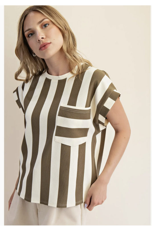 Round Neck pocket Stripe top