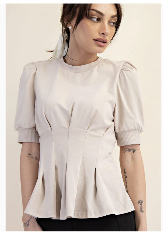 Puff Sleeve Pleated Waist Peplum Top