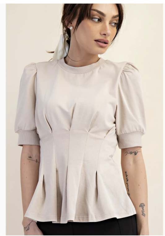 Puff Sleeve Pleated Waist Peplum Top