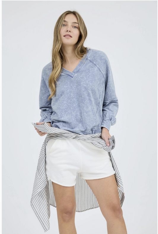 Washed V Neck Exposed Seam