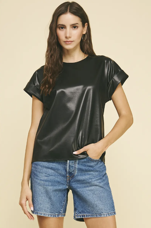PU Leather Cap Sleeve Top Black