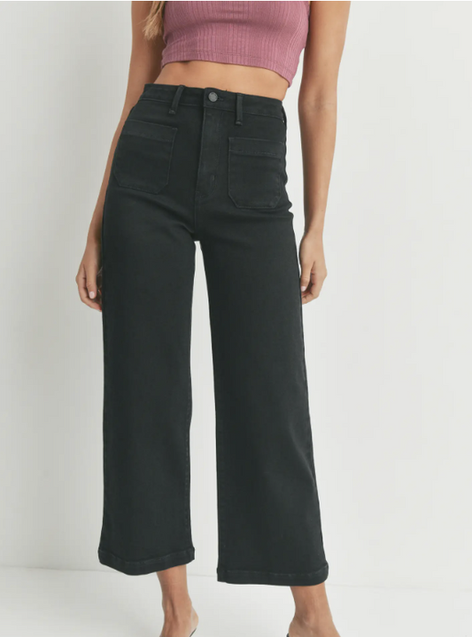Patch Pocket Wide Leg Black Jeans