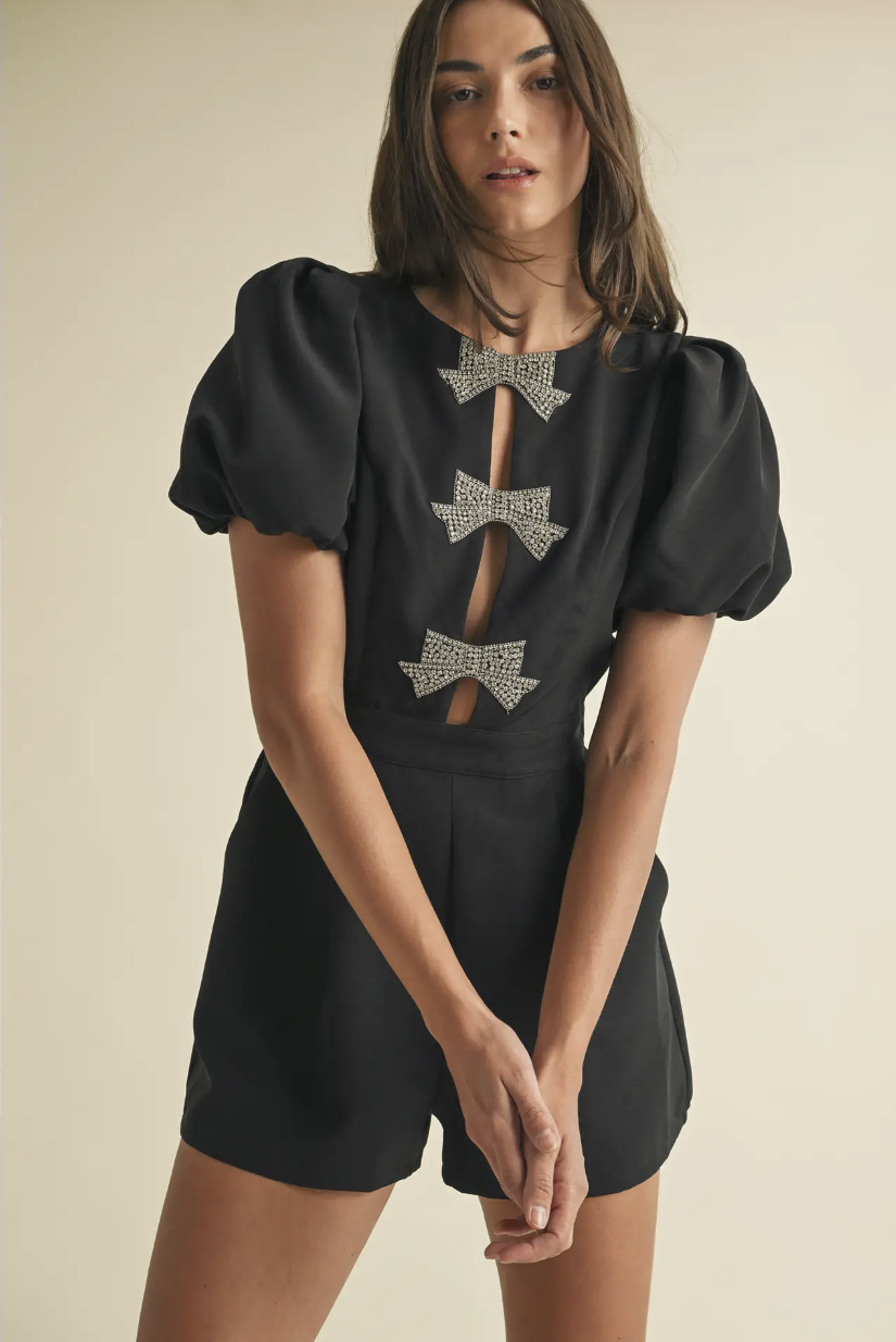 Rhinestone Bow Romper Black