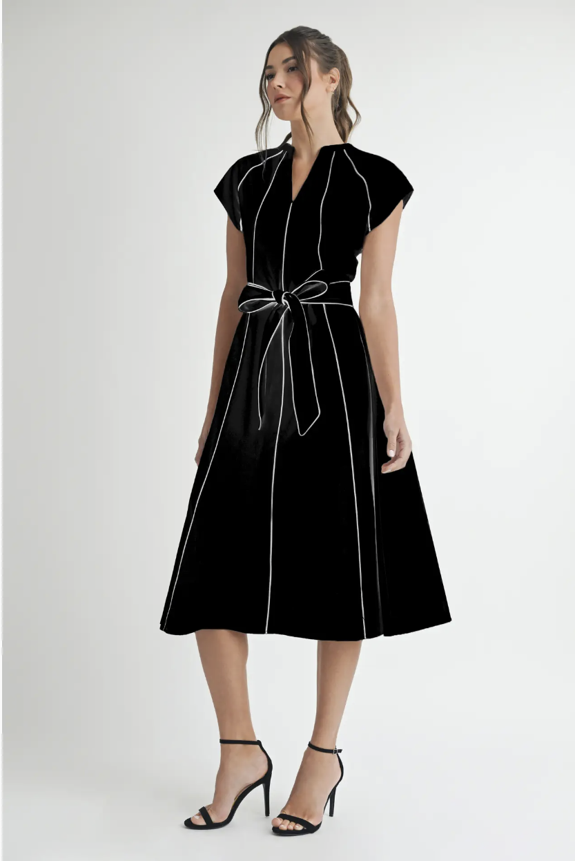 Linen Stripe Midi Dress Black