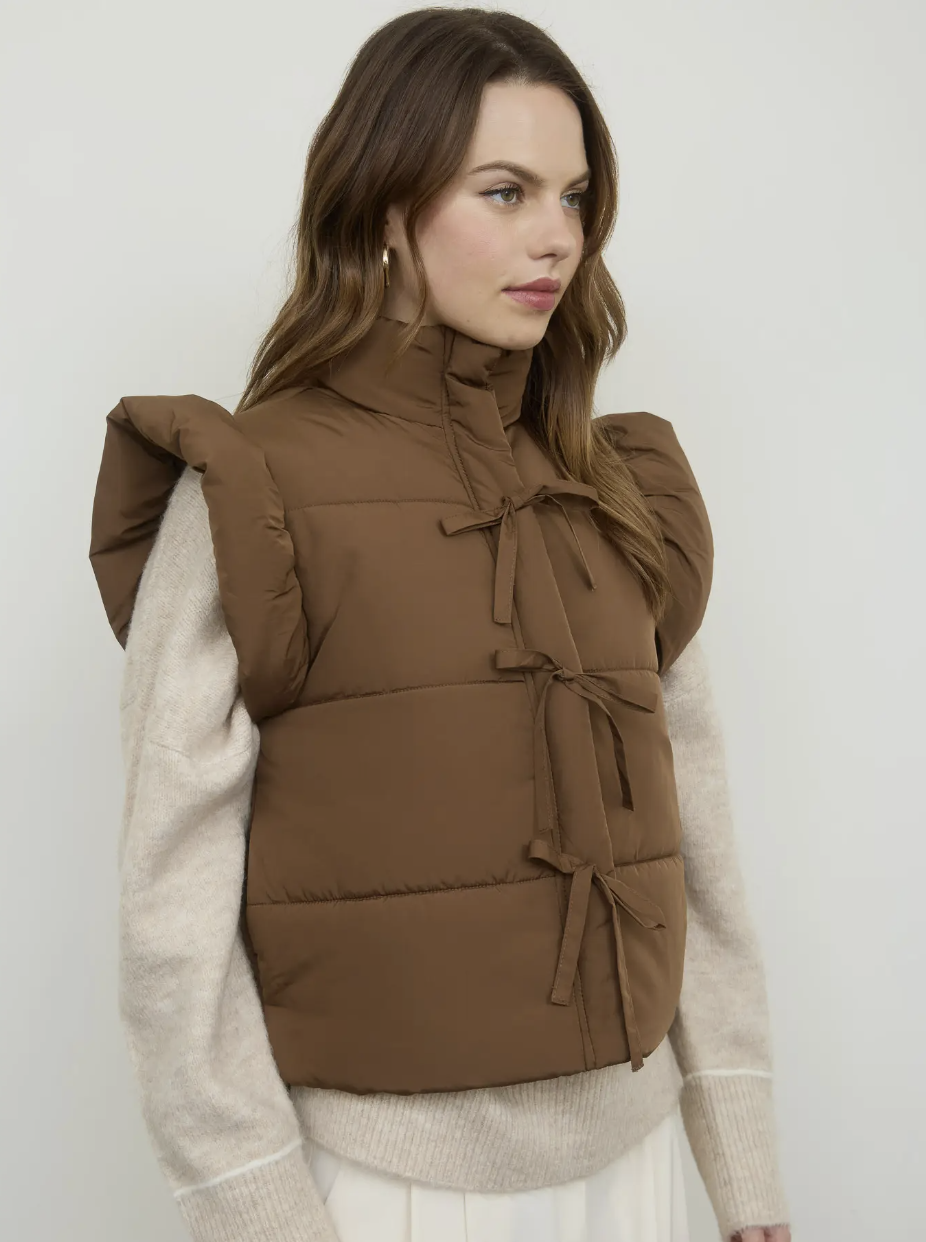 Flutter Sleeve Bow Zip-Up Puffer Vest