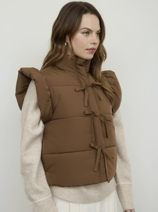 Flutter Sleeve Bow Zip-Up Puffer Vest