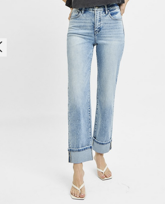 High Rise Crop Straight Cuff Jeans