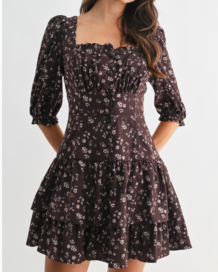 Tiered Floral Puff Sleeves Mini