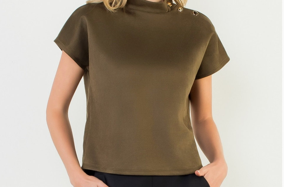 Suede Button Detail Short Sleeve