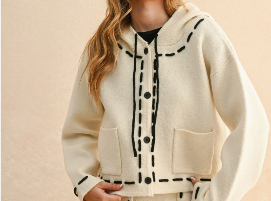 Stitch Detail Knit Cardigan w/ Hood