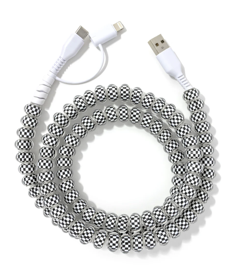 Beaded Phone Charger Black Checker