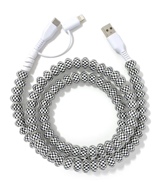 Beaded Phone Charger Black Checker