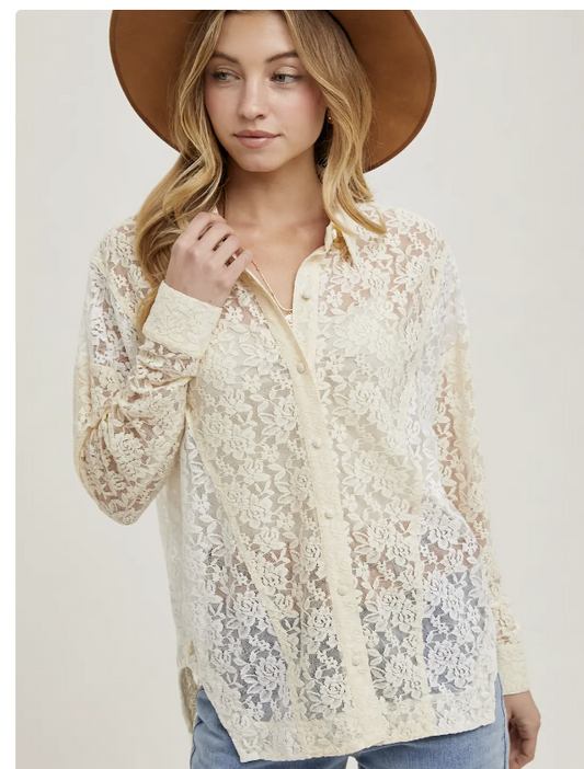 Color Block Lace Button Down Blouse