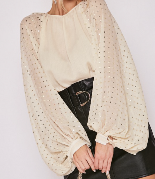 Sequin Balloon Sleeve Chiffon Blouse
