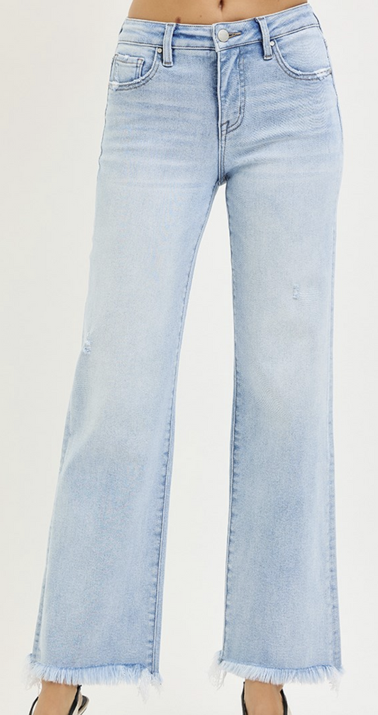 Mid Rise Ankle Straight with Fray Hem Jeans