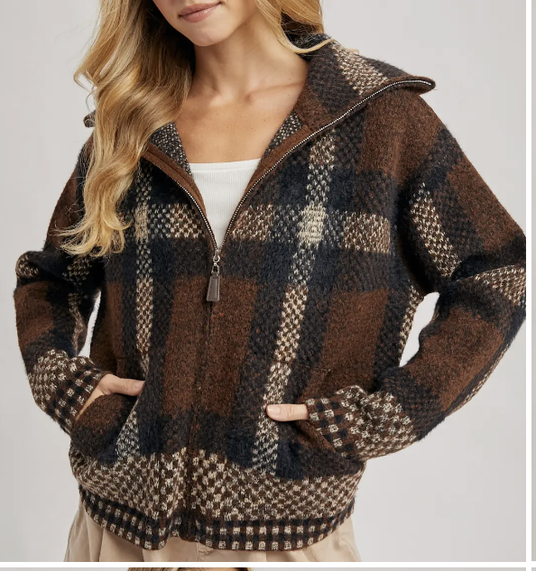Plaid Zipper Front Wide Collar Fuzzy