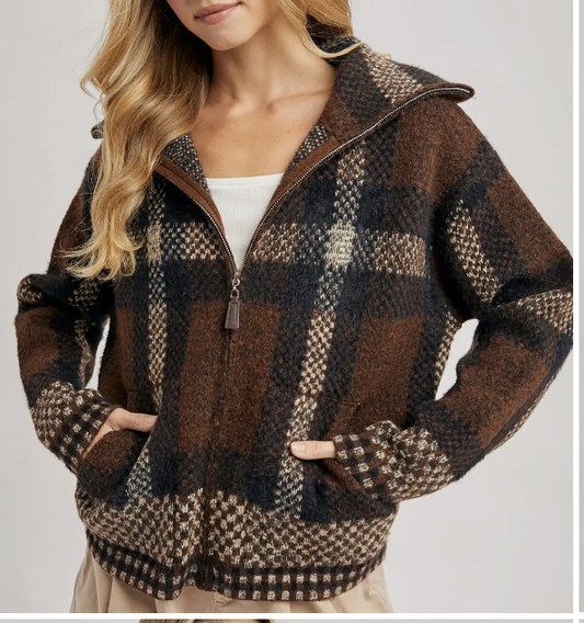 Plaid Zipper Front Wide Collar Fuzzy