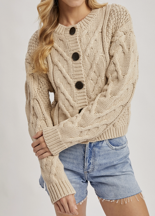 Cropped Button Front Cable Knit
