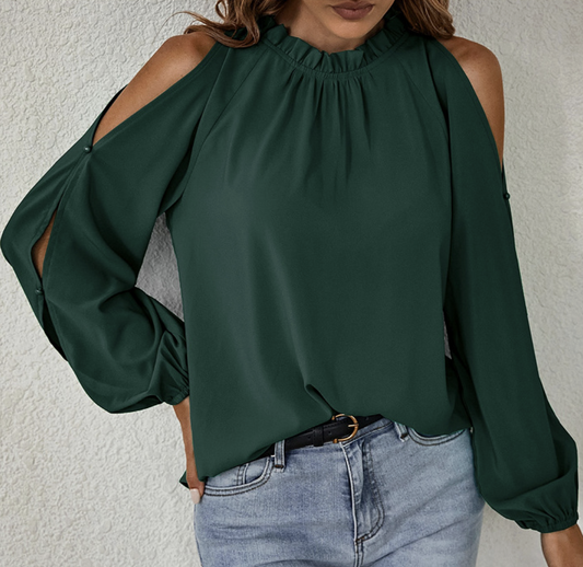 Mock Neck Ruffle Trim Open Sleeve