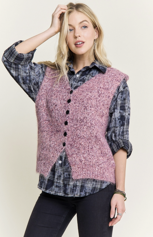 Fuzzy Knit Sweater Vest With Buttons