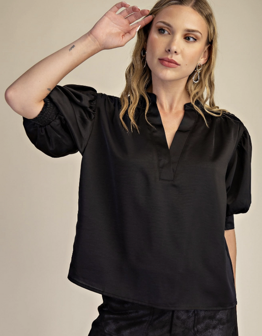 Puff Sleeve V-Neck Satin Blouse