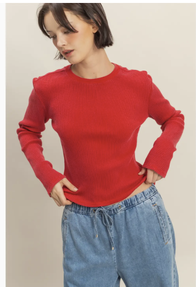 Mineral Wash Waffle Knit Long Sleeve Top