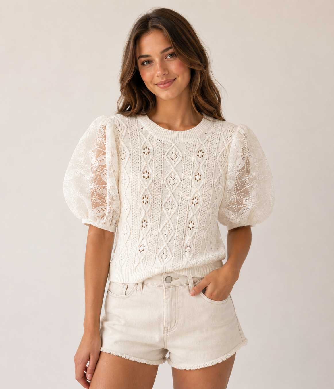 Sheer Emb Detail Sleeve Cable Knit