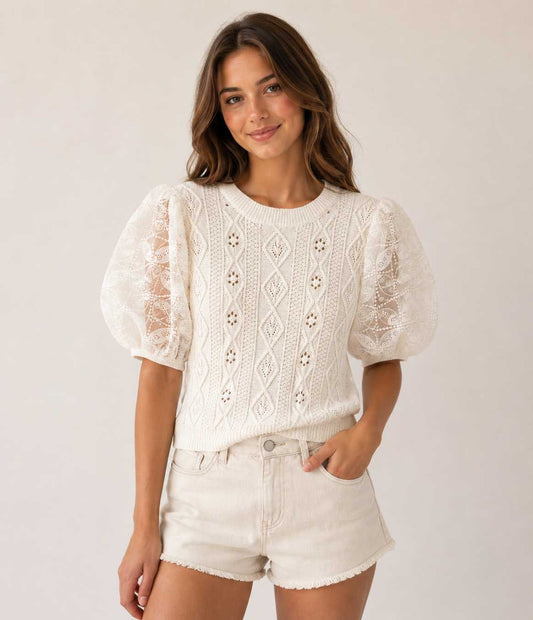 Sheer Emb Detail Sleeve Cable Knit