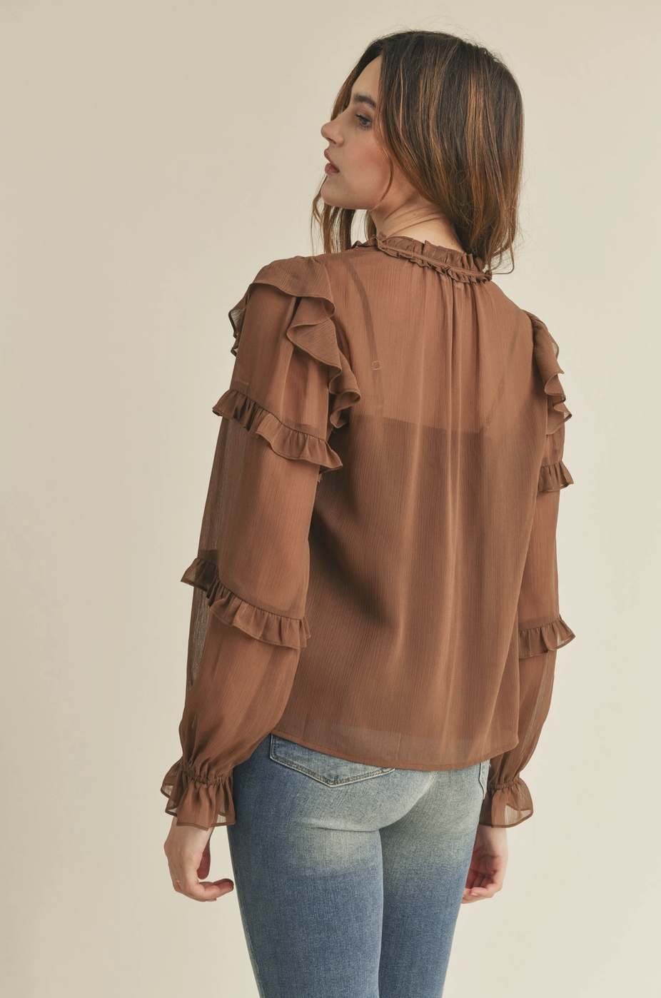 Sheer Long Sleeve Ruffled Blouse